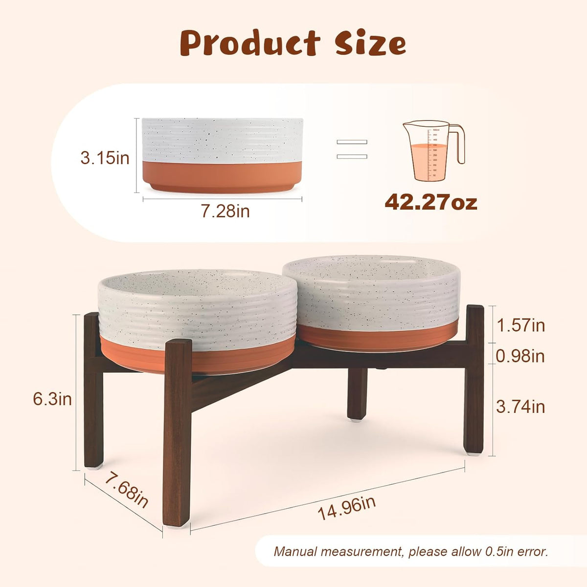 SPUNKYJUNKY Ceramic Elevated Dog Bowl Set with Acacia Wood Stand for Food and Water for Medium Dog