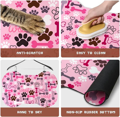 Dog Food Mats for Floors Waterproof, Pet Feeding Absorbent Water Bowl Mat Cat Placemats Pink Bone