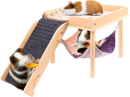 Enlarged Guinea Pig Hammock with Platform and Stairs,Wooden Small Animal Hideout for Guinea Pigs