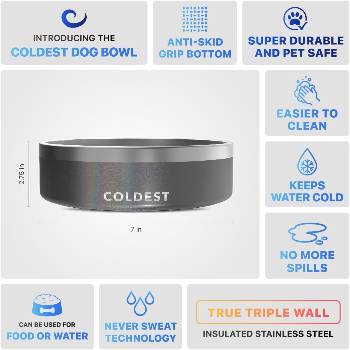 Coldest Dog Bowl - Anti Rust Metal, Non Slip, 3 Layers Insulated Stainless Steel Dog Bowls - Spill