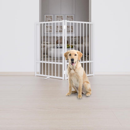 Full Metal Freestanding Dog Gate with Door, 32''Height Foldable Pet Dog Fence for Indoor & Outdoor