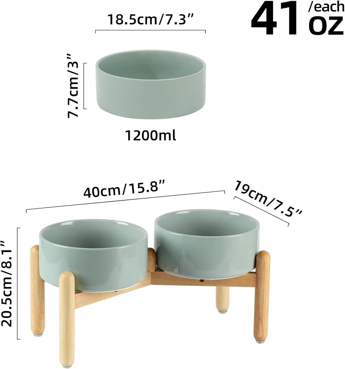 Ceramic 7.3inch Raised Double Bowls Set with Wooden Stand, Food & Water Bowls for Medium Breed