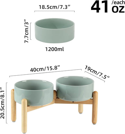 Ceramic 7.3inch Raised Double Bowls Set with Wooden Stand, Food & Water Bowls for Medium Breed