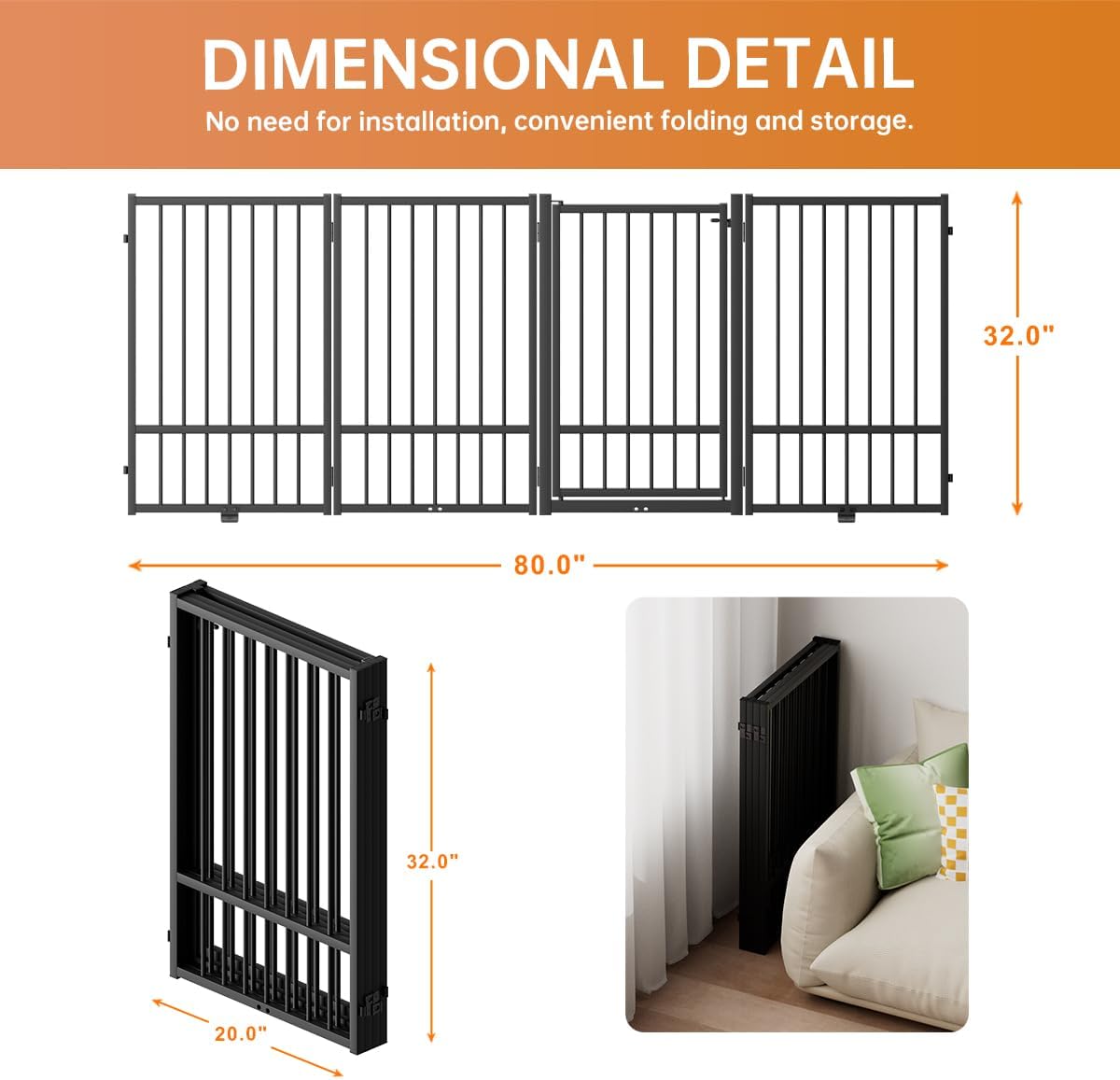 Full Metal Freestanding Dog Gate with Door, 32''Height Foldable Pet Dog Fence for Indoor & Outdoor