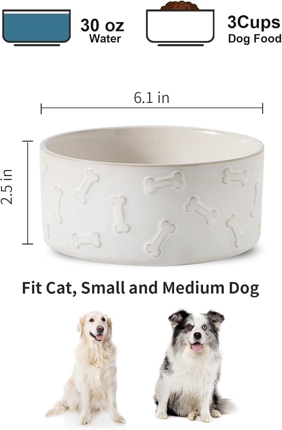 UBEE Ceramic Dog Food Bowl Set of 2, 6.1 inch Dog Bowls Dish with Bone Pattern, Pet Food Water Dish