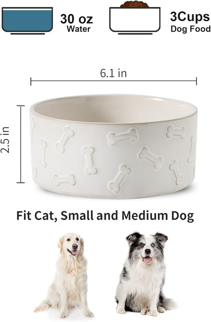 UBEE Ceramic Dog Bowl Set of 2, 6.1 inch Dog Food Bowl Dish with Bone Paw Pattern, Pet Food Water