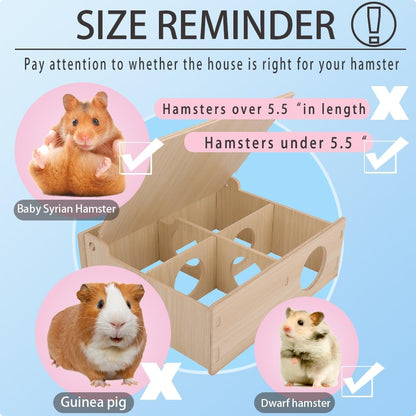 Hamster and Mouse Wooden Tunnel Cage Secret Peep Shed and Explore Hideout Flip Cover Design Hamster
