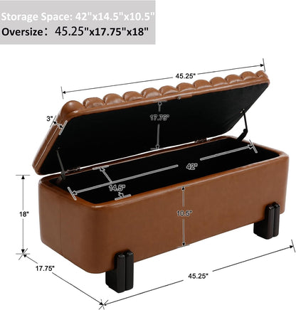 Kmax 45" Storage Bench PU Leather Entryway Bench Upholstered Ottoman Bench with Wavy Top & Safty