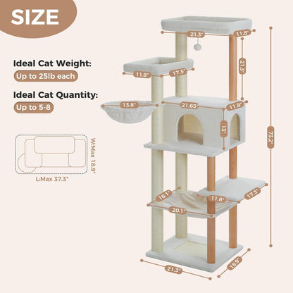 PAWZ Road Large Cat Tree, 73 Inches Tall Wooden Cat Tower with 2 Spacious Hammocks,2 Big Top Beds,8