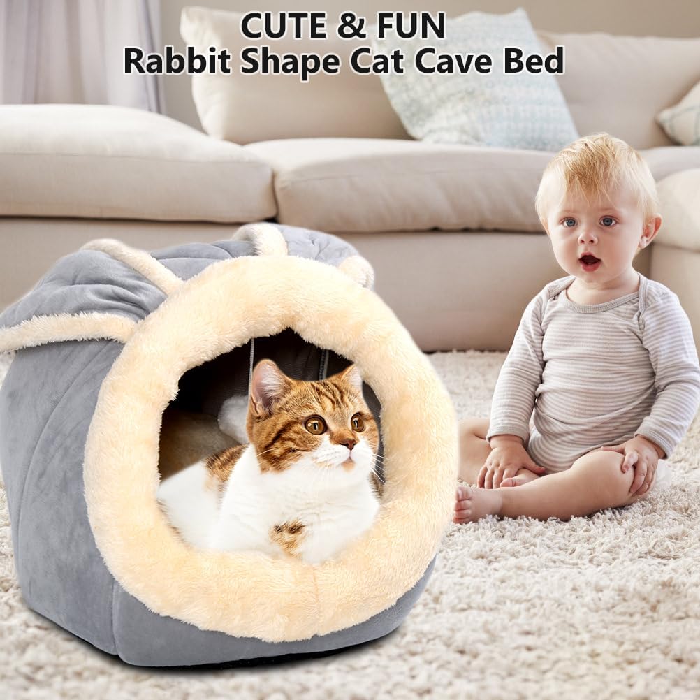 Cat Beds for Indoor Cats - Rabbit-Shaped Cat Cave Bed with Hanging Toy,Super Soft Calming Pet Bed