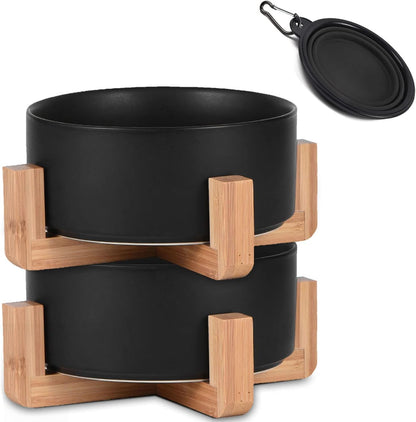 Petygooing Ceramic Black Cat Dog Bowl Set with Stand,Pet Food and Water Dish,Medium Pet Bowls