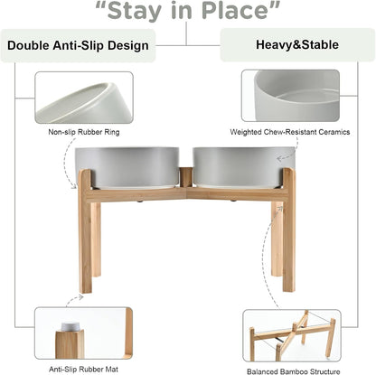 SPUNKYJUNKY Elevated Dog Bowls Ceramic, 8.3'' Dogs Food Water Bowls Raised with Non-Slip Bamboo