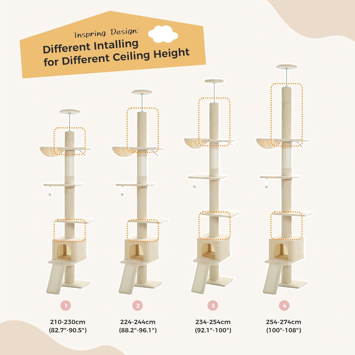 PEQULTI Floor to Ceiling Cat Tree, Tall Cat Tower, Adjustable Height (83''-108'') 5 Levels Climbing