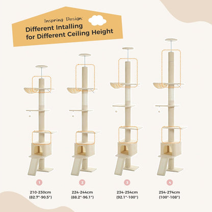 PEQULTI Floor to Ceiling Cat Tree, Tall Cat Tower, Adjustable Height (83''-108'') 5 Levels Climbing