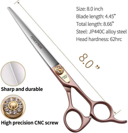 Fenice Peak 8'' Dog Straight Scissors for Grooming 440C Stainless Steel Rose Gold Professional Pet
