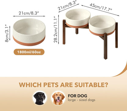 Ceramic 8.2inch Raised Double Dog Bowls Set with Acacia Wood Stand, Food & Water Bowls for Large