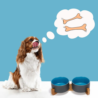 SPUNKYJUNKY Ceramic Dog and Cat Bowl Set with Wooden Stand, Modern Cute Weighted Food Water Set for