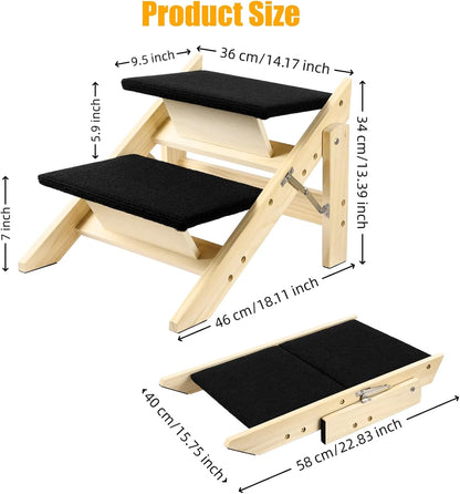 Foldable Dog Stairs/Ramp with 2 Steps - Durable Wooden Pet Stairs for Small, Medium, Large Dogs