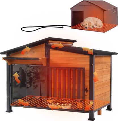 Heated Dog House Outdoor with Bowls Weatherproof Dog Kennel with Heating Pad Anti-Chewing Iron