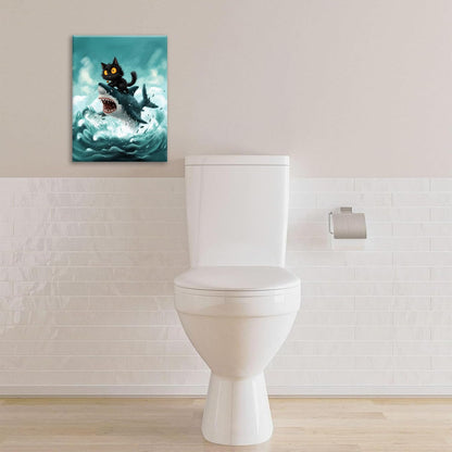 Funny Black Cat Bathroom Wall Art Cute Cat Riding Shark Canvas Wall Decor Animal Kitten Pictures
