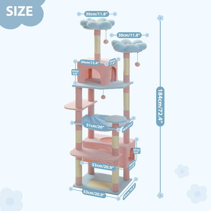 PAWZ Road Flower Cat Tree, 72 Inches Large Cat Tower with Steel Frame Hammock and 7 Scratching