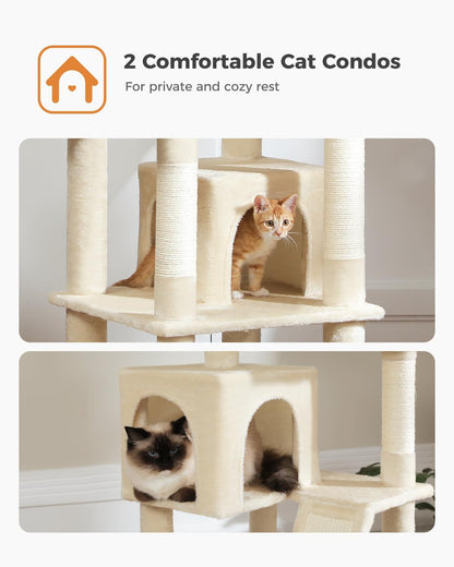 PAWZ Road 70 Inch Cat Tower, Tall Cat Tree with 2 Cozy Condos, 2 Plush Perch, Large Basket, 2