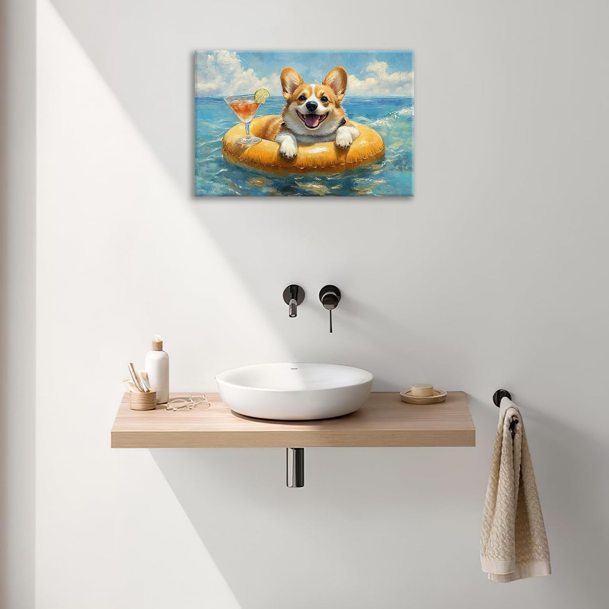 Ocean Funny Corgi Dog Pictures Wall Art, Bathroom Cute Dog Wall Decor Sea Coastal Framed Painting