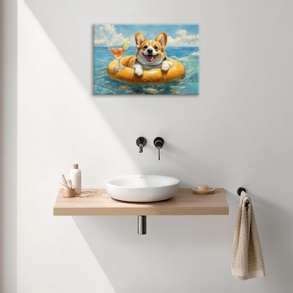 Ocean Funny Corgi Dog Pictures Wall Art, Bathroom Cute Dog Wall Decor Sea Coastal Framed Painting