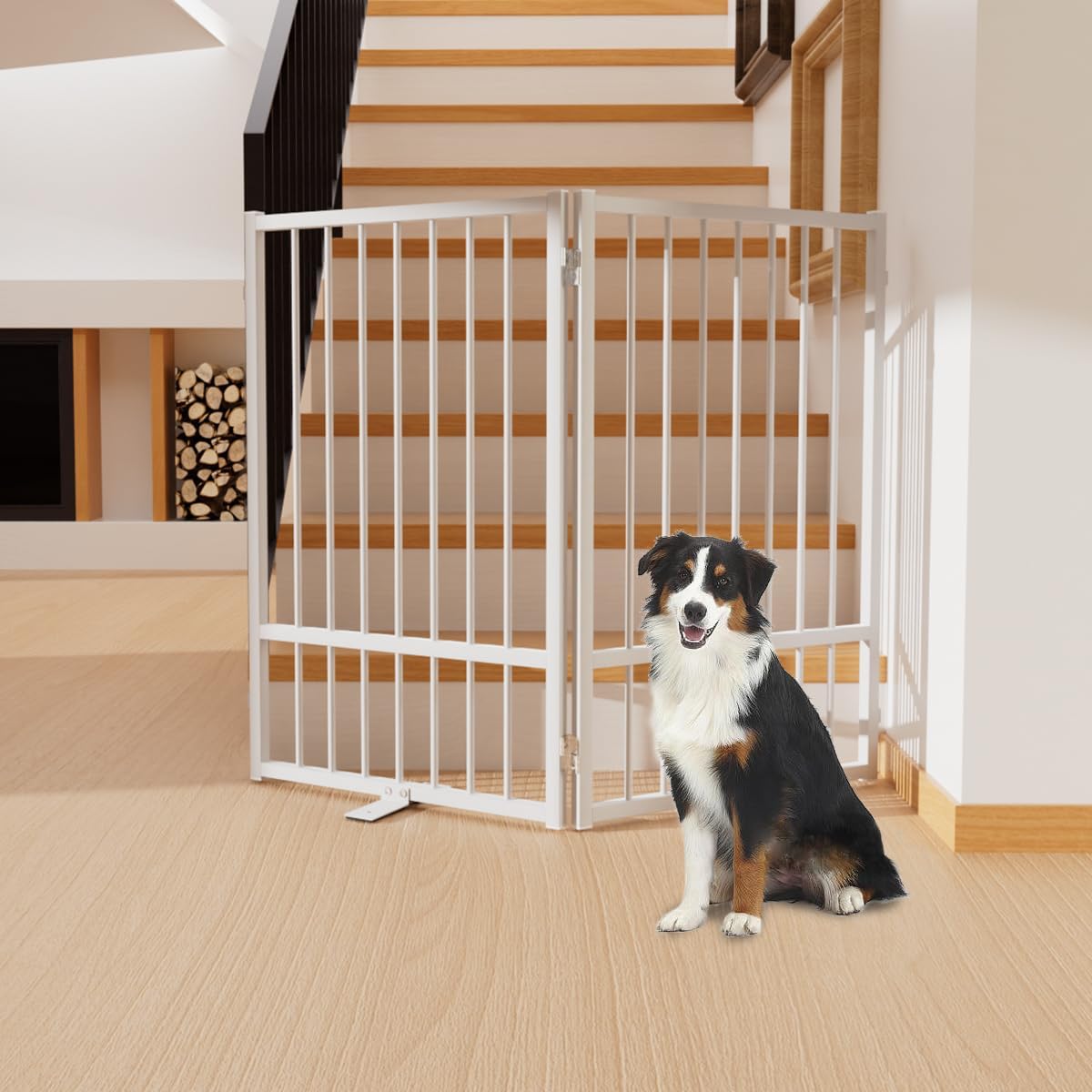 Full Metal Freestanding Dog Gate with Door, 32''Height Foldable Pet Dog Fence for Indoor & Outdoor
