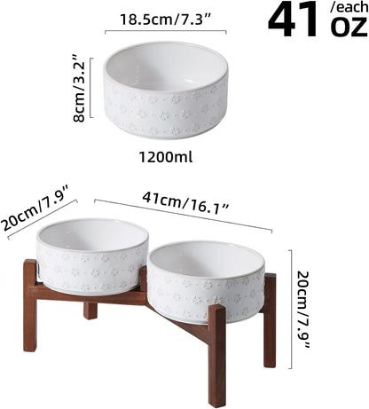 7.3inch Ceramic Raised Double Bowls Set with Acacia Wood Stand, Food & Water Bowls for Medium Breed