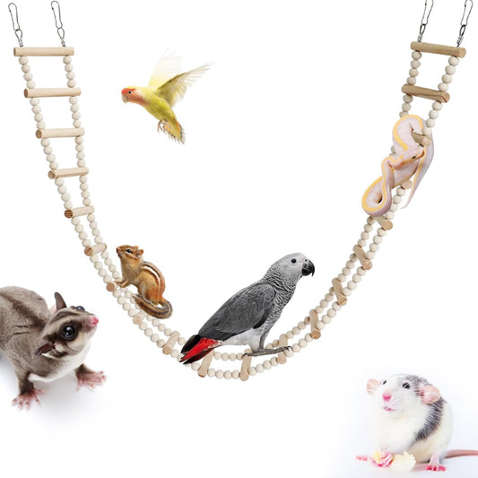 Long Bird Ladder with Wooden Rungs and Beads, Parakeet Climbing Swing Toys, Bird Cage Accessories