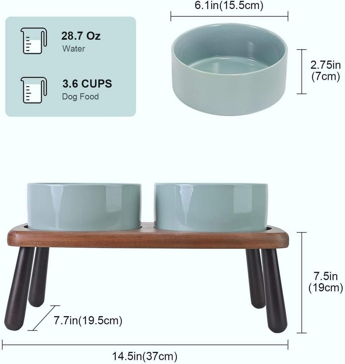 SPUNKYJUNKY Ceramic Elevated Dog Bowls Raised with Acacia Bamboo Wooden Stand, 6.1'' Dog Cat Food