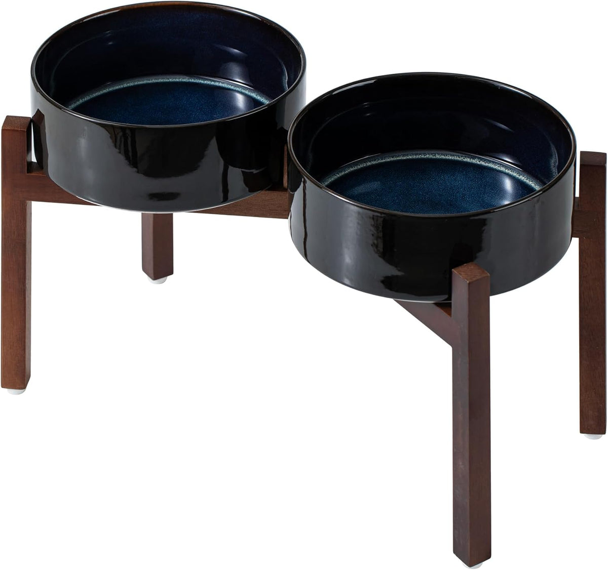 Ceramic 8.2inch Raised Double Dog Bowls Set with Acacia Wood Stand, Food & Water Bowls for Large