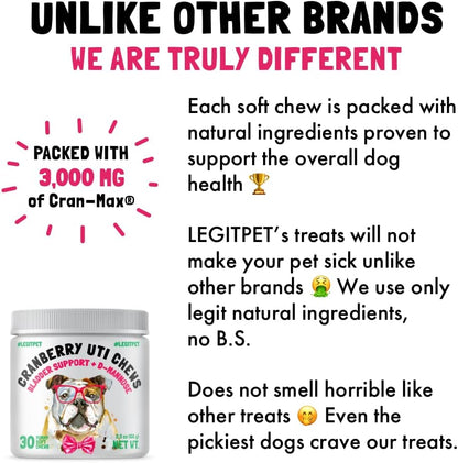 Cranberry UTI Chews for Dogs Bladder Support + D-Mannose Supports Kidney Urinary Tract and Bladder