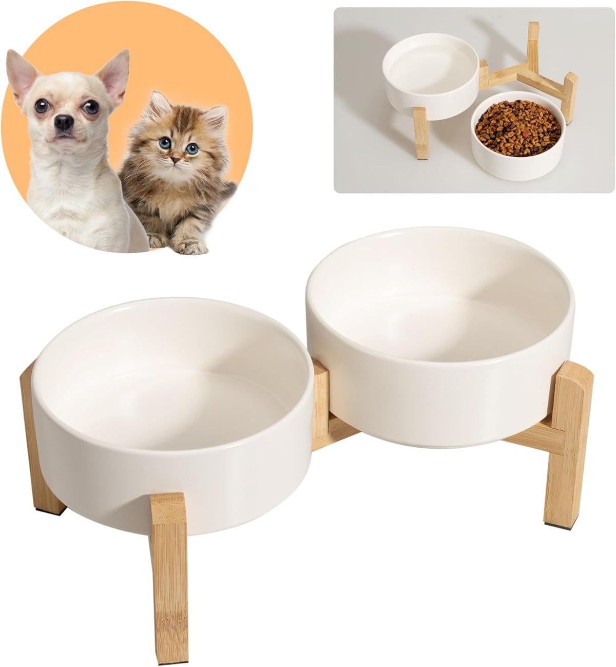 Elevated Ceramic Dog Bowl Set - Raised Feeding Bowls with Non-Slip Bamboo Stand - Small Pet Dishes
