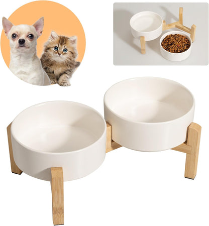 Elevated Ceramic Dog Bowl Set - Raised Feeding Bowls with Non-Slip Bamboo Stand - Small Pet Dishes