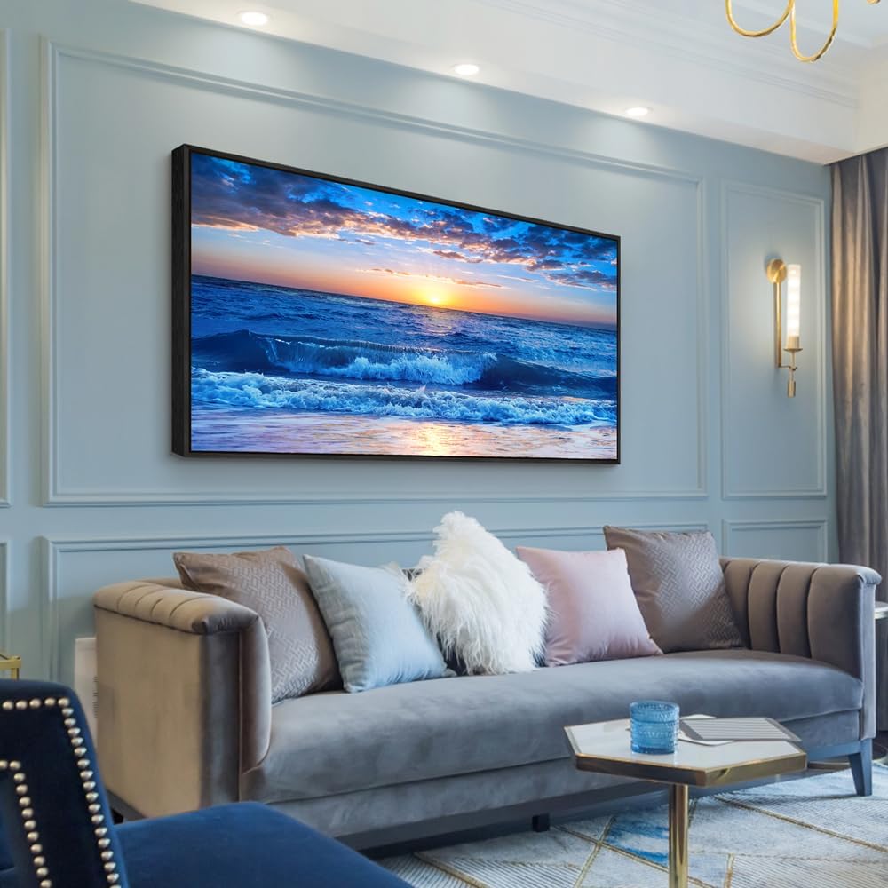 Wapluam Large Canvas Art - Blue Ocean Beach Scene, Sunny Sea View, Wave Wall Pictures, Black Framed