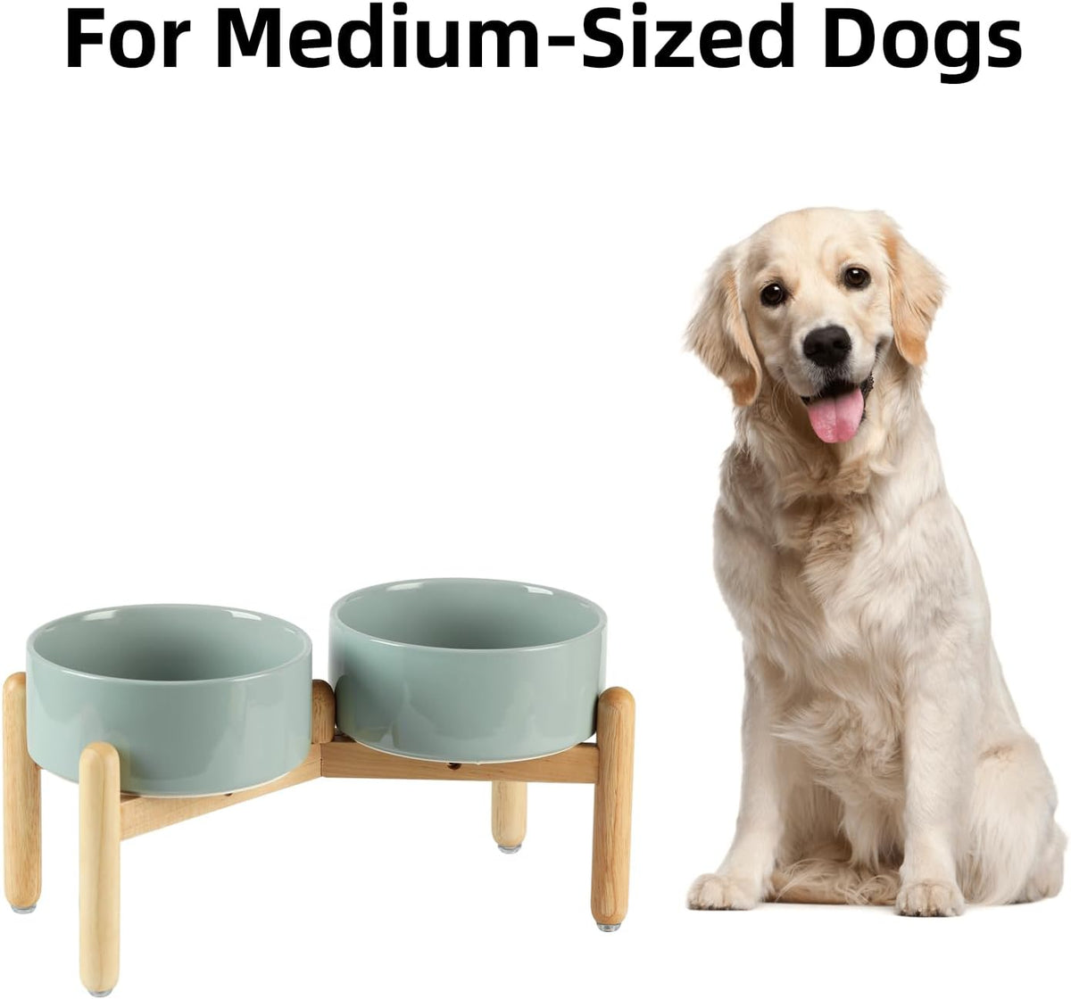 Ceramic 7.3inch Raised Double Bowls Set with Wooden Stand, Food & Water Bowls for Medium Breed