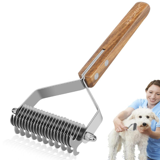 Undercoat Rake for Dogs - Dual-Sided Deshedding Blade, Wooden Handle, Professional Pet Grooming