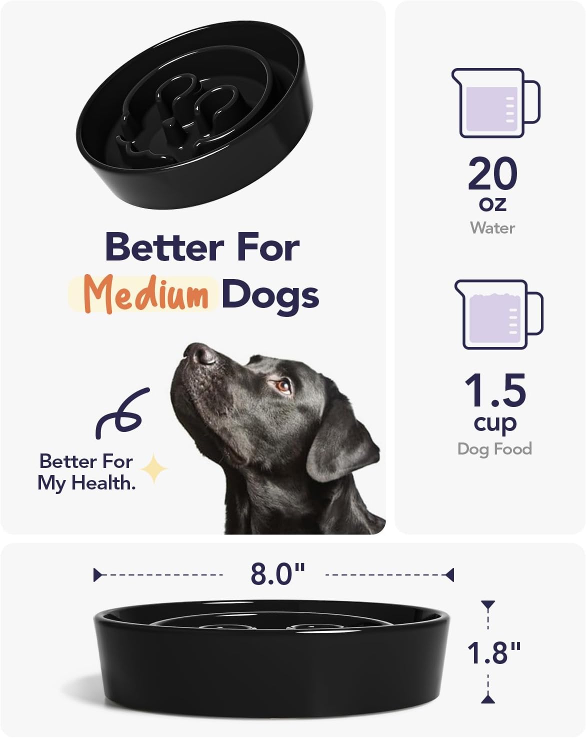 LE TAUCI Dog Bowls Slow Feeder Ceramic, 1.5 Cups Slow Feeding Dog Bowl Small Medium Breed, Puppy