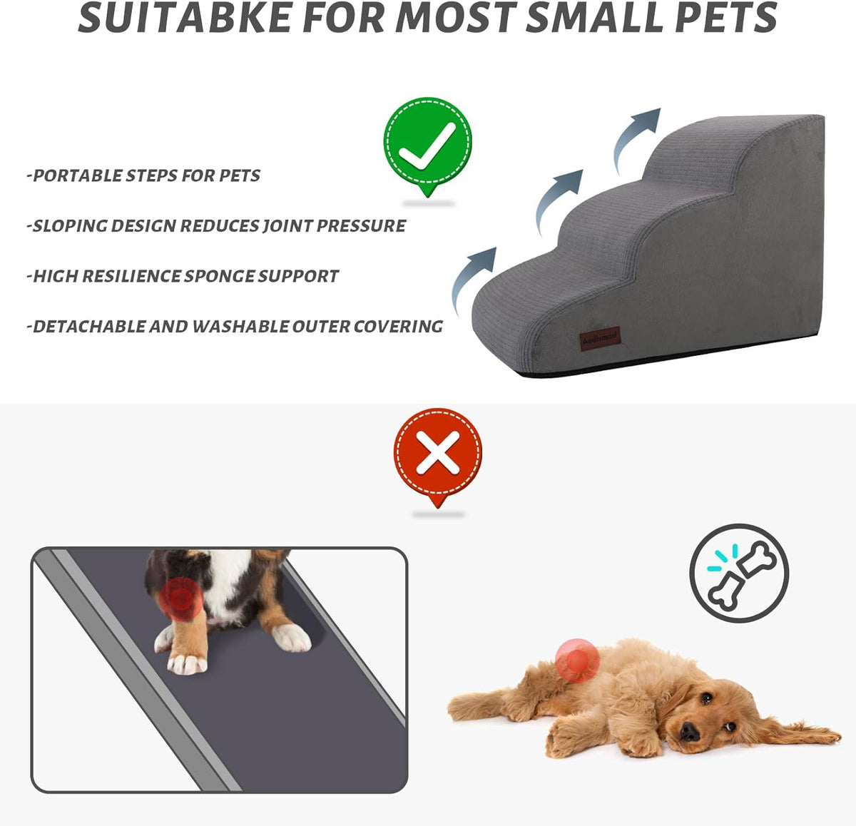 3-Step Dog Ramp and Stairs for Sofa and Chair - Non-Slip Sturdy Pet Steps for Small Dogs and