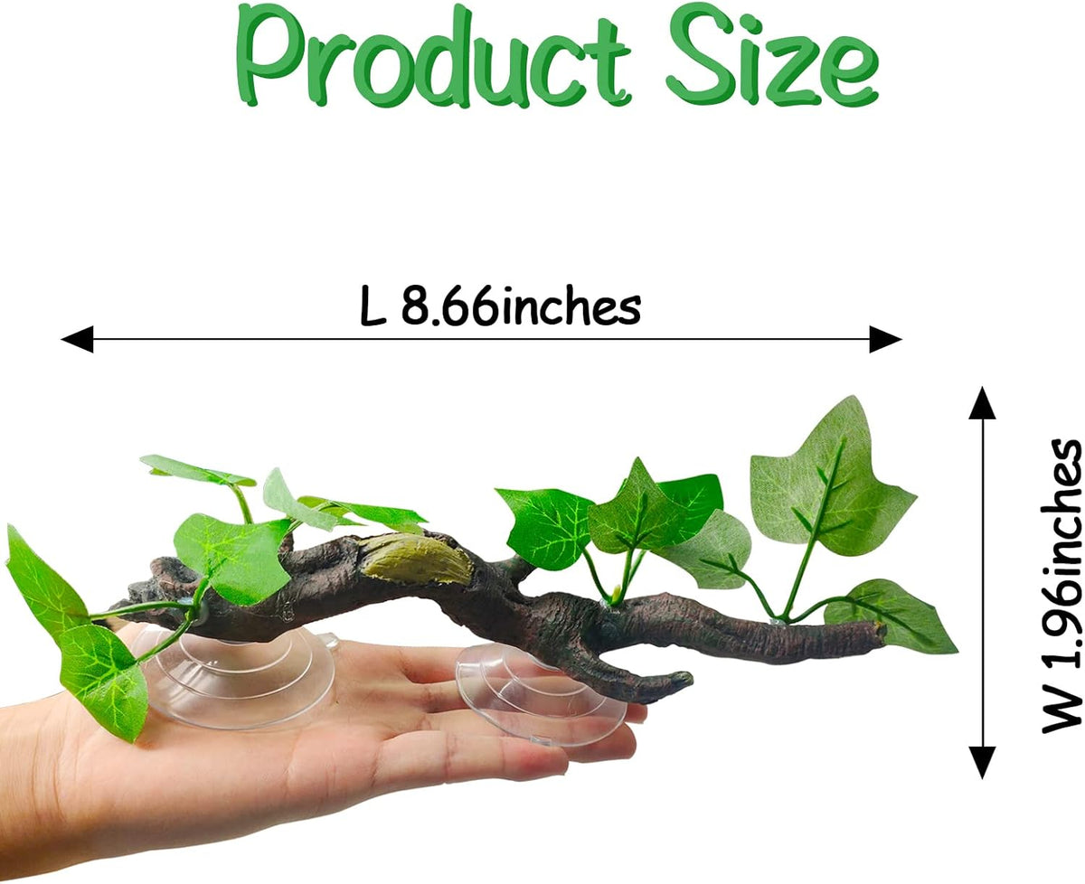 Fhiny 2 PCS Reptile Corner Branch, Resin Climb Tree Branch Decor with Leaves Tank Accessories