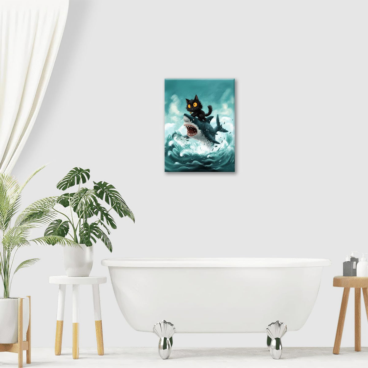 Funny Black Cat Bathroom Wall Art Cute Cat Riding Shark Canvas Wall Decor Animal Kitten Pictures