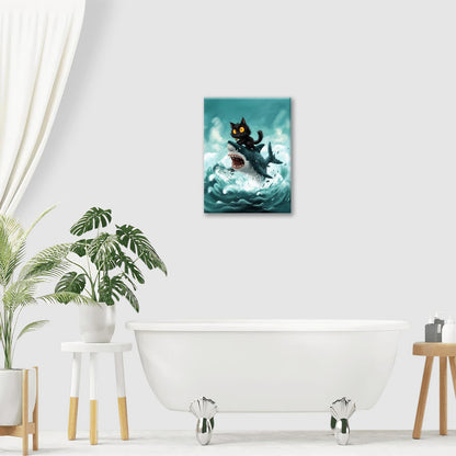 Funny Black Cat Bathroom Wall Art Cute Cat Riding Shark Canvas Wall Decor Animal Kitten Pictures