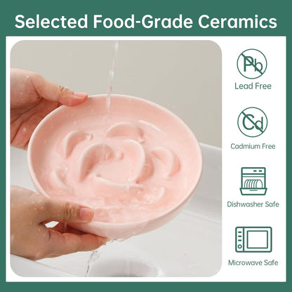 Ceramic Cat Slow Feeder Bowl - Pastel Series Cat Plate for Dry and Wet Food - Cute Maze Feeder Dish