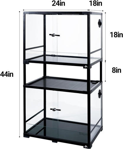 Double Stacked Reptile Tank, 24" x 18" x 44" Tall Reptiles Terrarium, Front Opening, Full Vision