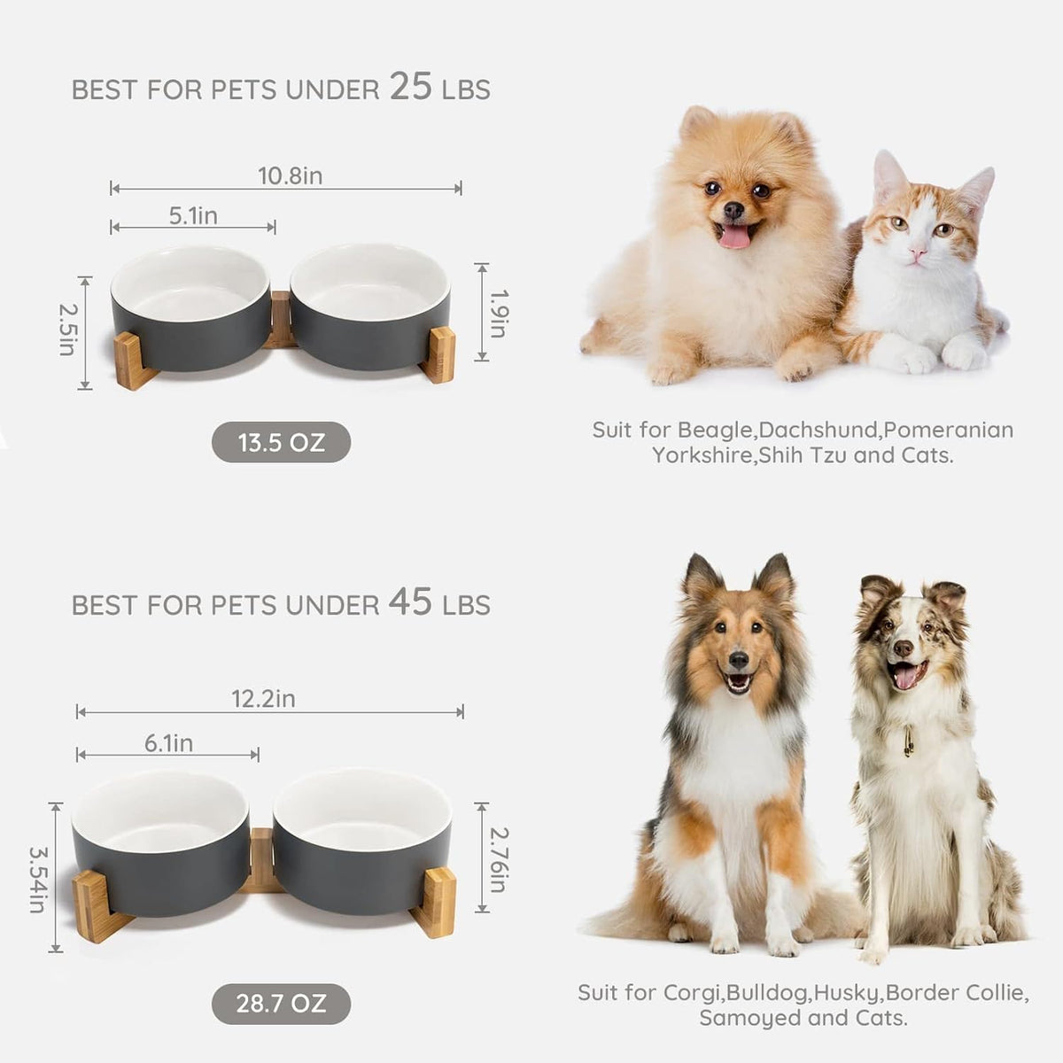 SPUNKYJUNKY Ceramic Dog and Cat Bowl Set with Wooden Stand, Modern Cute Weighted Food Water Set for