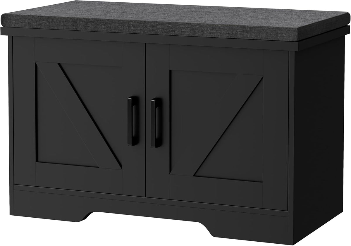 2-Tier Storage Bench, Shoe Bench with Padded Seat Cushion, Entryway Bench with 2 Barn Doors