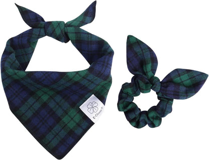 E-Clover Dog Bandanas Boy & Matching Scrunchie Set Plaid Dog Scarf Kerchief for Medium Large Dog