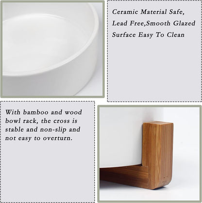Petygooing Dog Bowls,White Ceramic Cat and Dog Bowl Set with Wood Stand for Food and Water